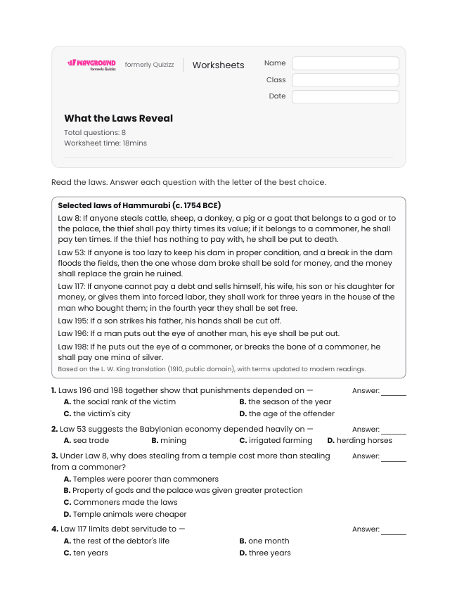 What the Laws Reveal - Printable Mesopotamian-empires Worksheets Class 10 - Wayground