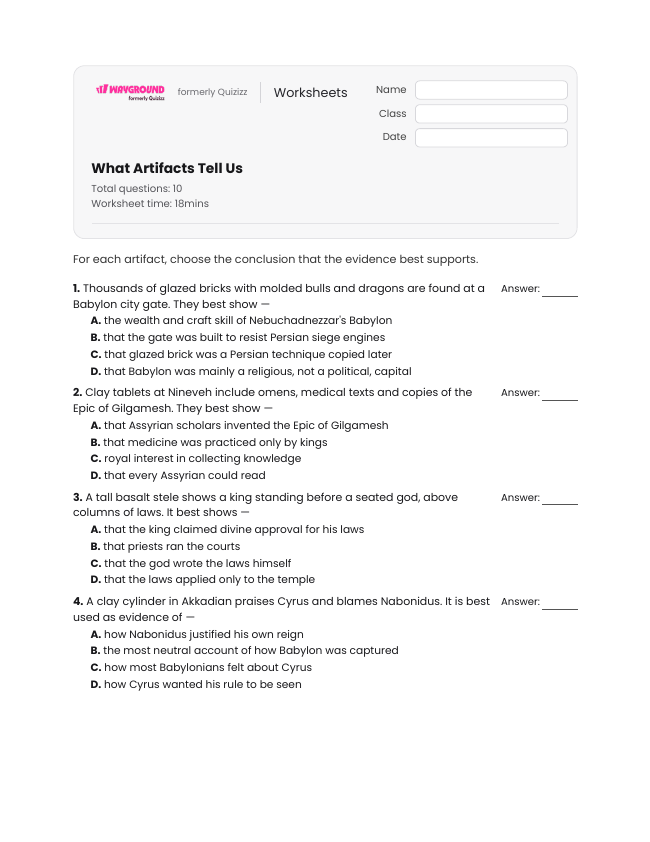 What Artifacts Tell Us - Printable Mesopotamian-empires Worksheets Year 12 - Wayground