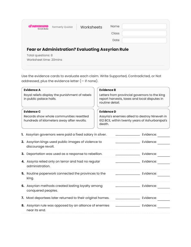 Fear or Administration? Evaluating Assyrian Rule - Printable Mesopotamian-empires Worksheets Year 12 - Wayground