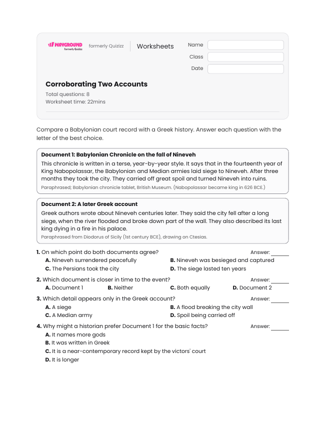 Corroborating Two Accounts - Printable Mesopotamian-empires Worksheets Year 12 - Wayground