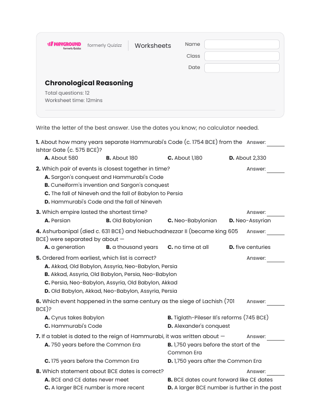 Chronological Reasoning - Printable Mesopotamian-empires Worksheets Year 12 - Wayground