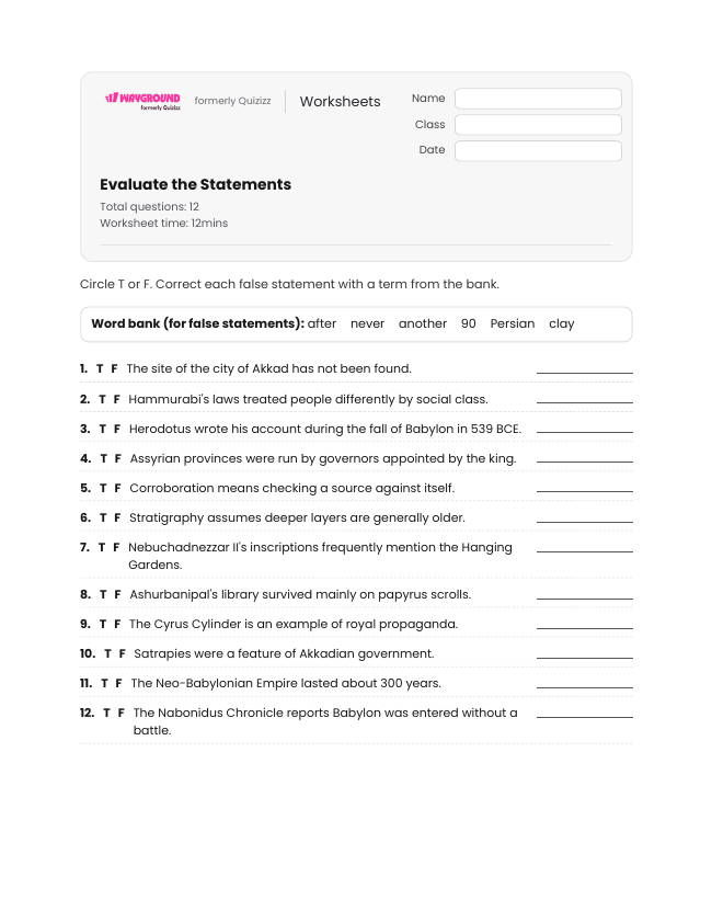 Evaluate the Statements - Printable Mesopotamian-empires Worksheets Year 12 - Wayground