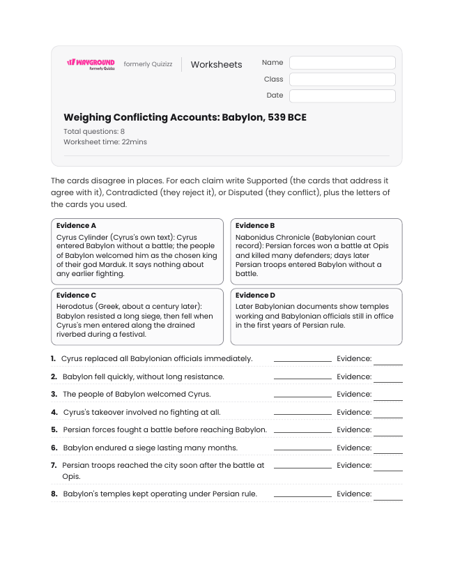 Weighing Conflicting Accounts: Babylon, 539 BCE - Printable Mesopotamian-empires Worksheets Year 12 - Wayground