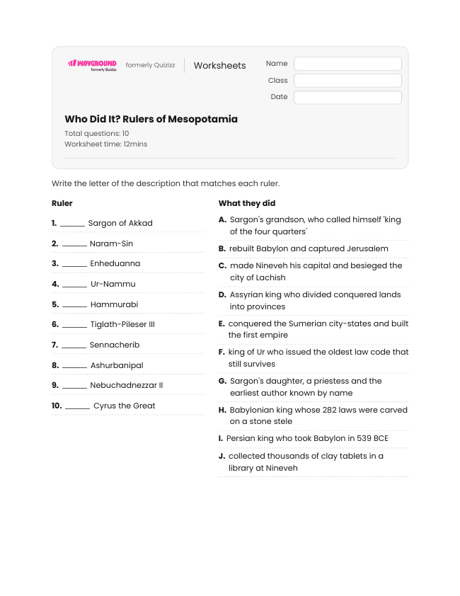 Who Did It? Rulers of Mesopotamia - Printable Mesopotamian-empires Worksheets Class 6 - Wayground