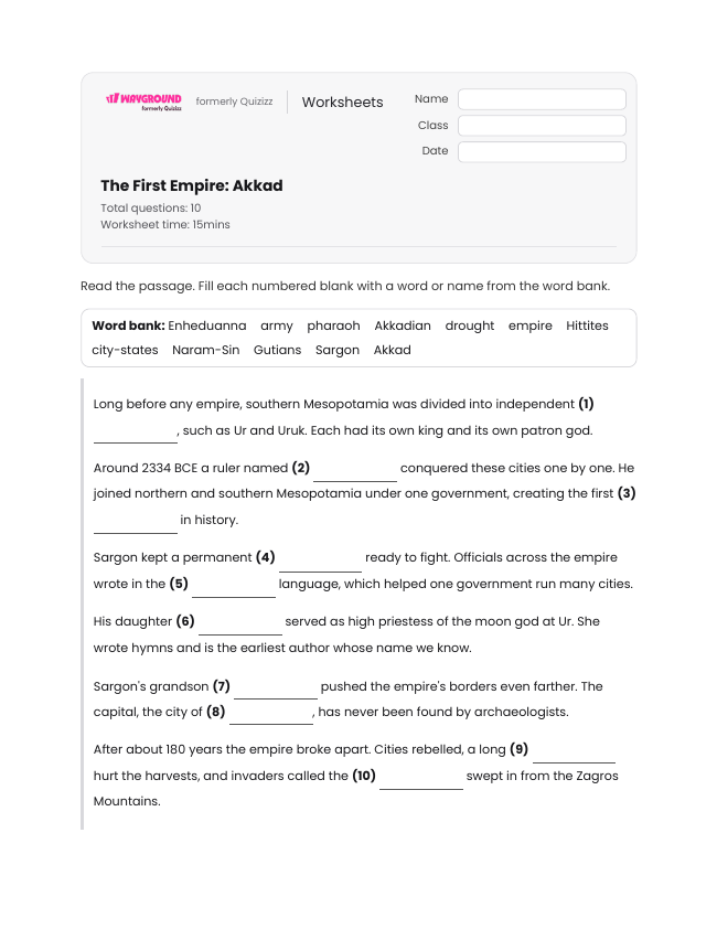 The First Empire: Akkad - Printable Mesopotamian-empires Worksheets Class 6 - Wayground