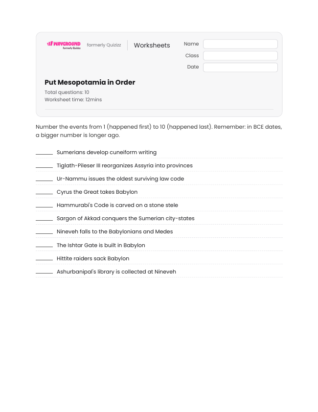 Put Mesopotamia in Order - Printable Mesopotamian-empires Worksheets Class 6 - Wayground