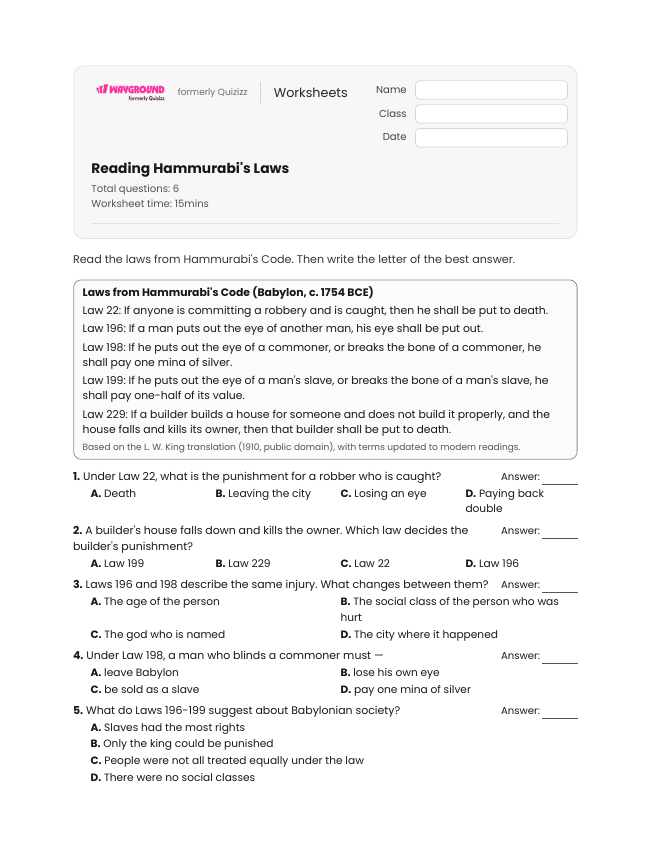 Reading Hammurabi's Laws - Printable Mesopotamian-empires Worksheets Class 6 - Wayground