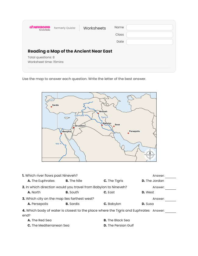 Reading a Map of the Ancient Near East - Imprimível Impérios-mesopotâmicos Fichas-de-trabalho Série 8 - Wayground