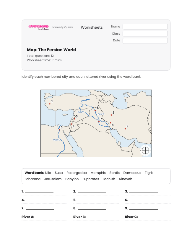 Map: The Persian World - Imprimível Impérios-mesopotâmicos Fichas-de-trabalho Série 9 - Wayground
