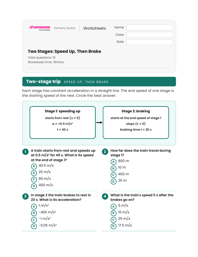 Two Stages: Speed Up, Then Brake - Printable Motion-and-energy Worksheets Class 10 - Wayground