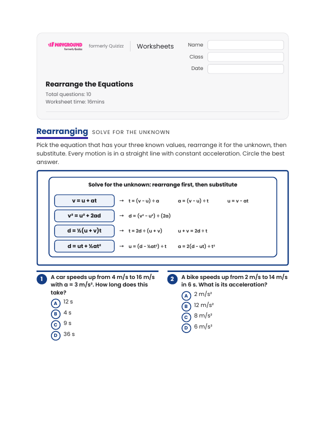 Rearrange the Equations - Printable Motion-and-energy Worksheets Class 10 - Wayground