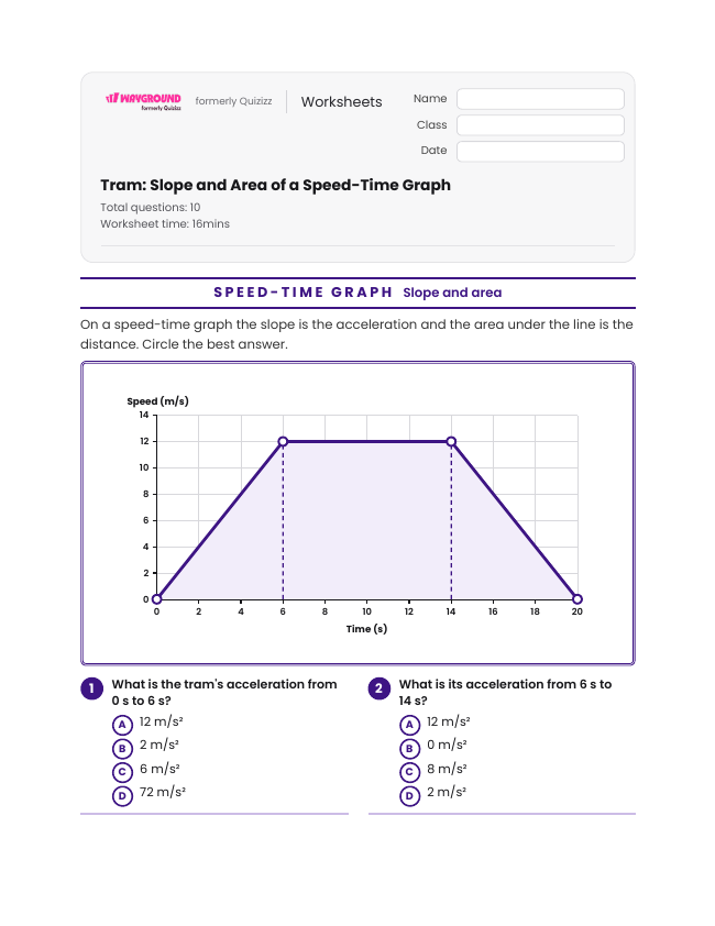 Tram: Slope and Area of a Speed-Time Graph - Printable Motion-and-energy Worksheets Class 10 - Wayground