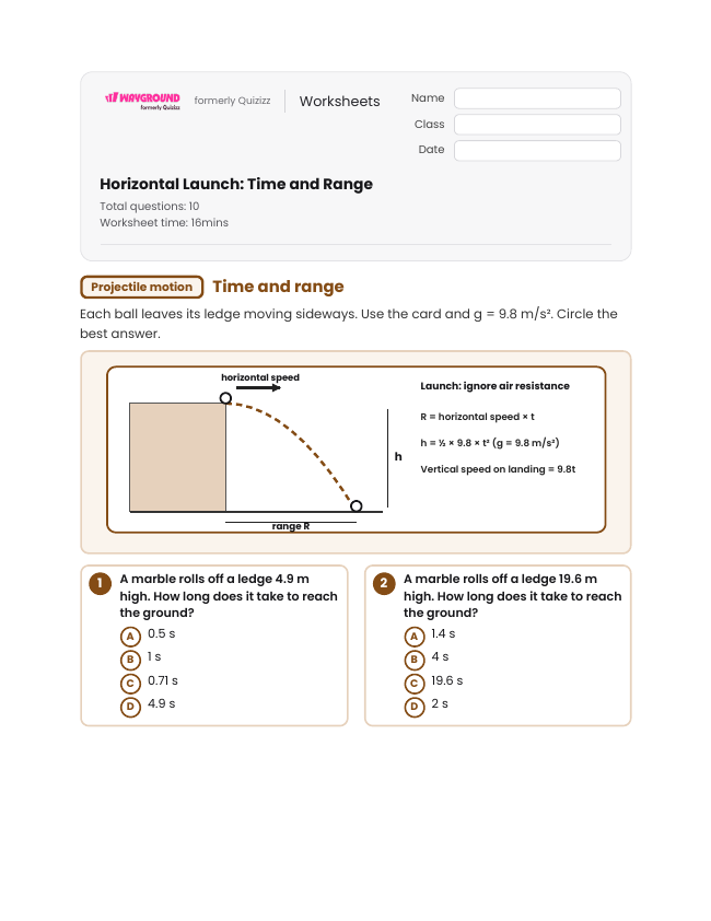 Horizontal Launch: Time and Range - Printable Motion-and-energy Worksheets Class 10 - Wayground