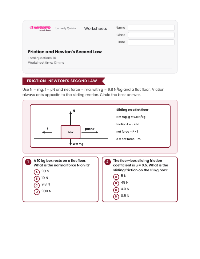 Friction and Newton's Second Law - Printable Motion-and-energy Worksheets Class 10 - Wayground