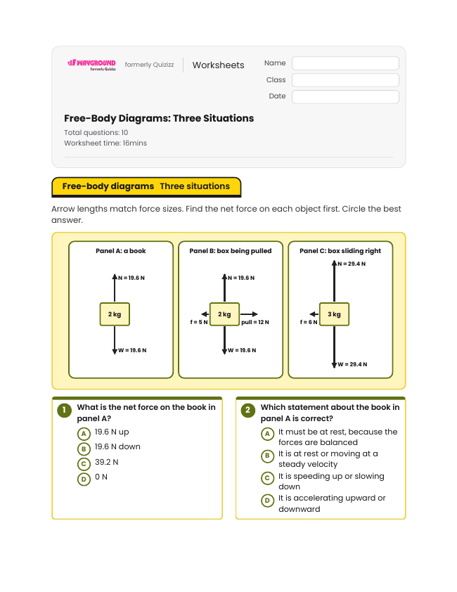 Free-Body Diagrams: Three Situations - Printable Motion-and-energy Worksheets Class 10 - Wayground