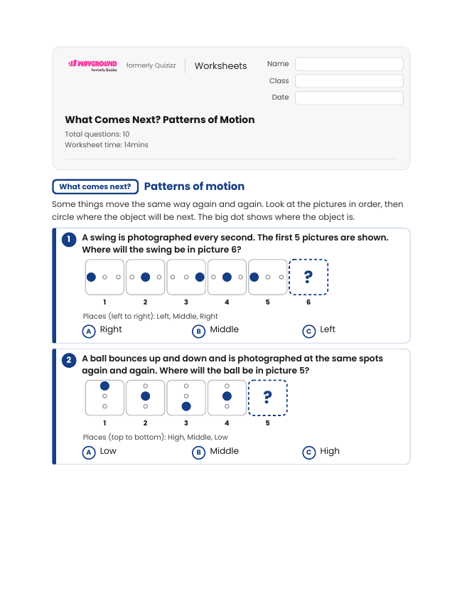 What Comes Next? Patterns of Motion - Printable Motion-and-energy Worksheets Grade 3 - Wayground