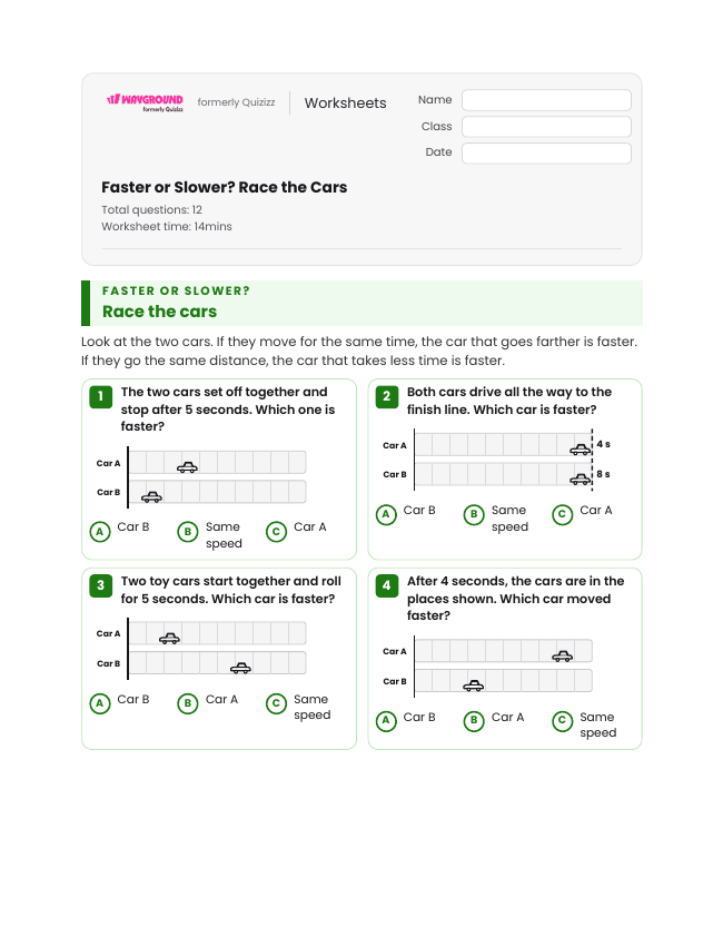 Faster or Slower? Race the Cars - Printable Motion-and-energy Worksheets Grade 3 - Wayground