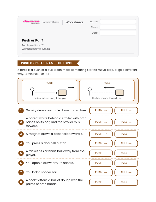 Push or Pull? - Printable Motion-and-energy Worksheets Grade 3 - Wayground