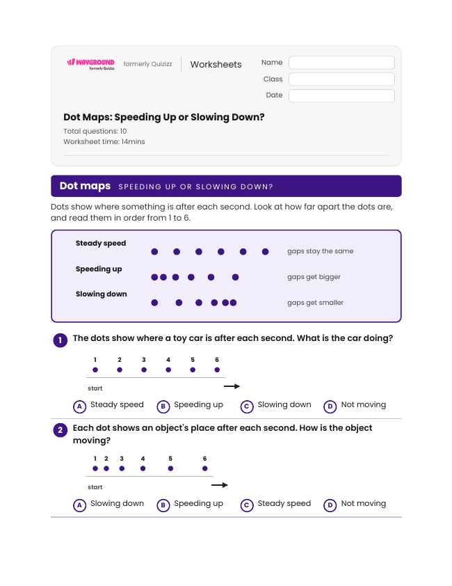 Dot Maps: Speeding Up or Slowing Down? - Imprimible Movimiento-y-energía Hojas-de-trabajo Grado 3 - Wayground