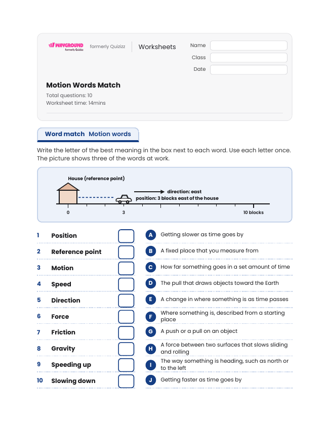 Motion Words Match - Printable Motion-and-energy Worksheets Grade 4 - Wayground