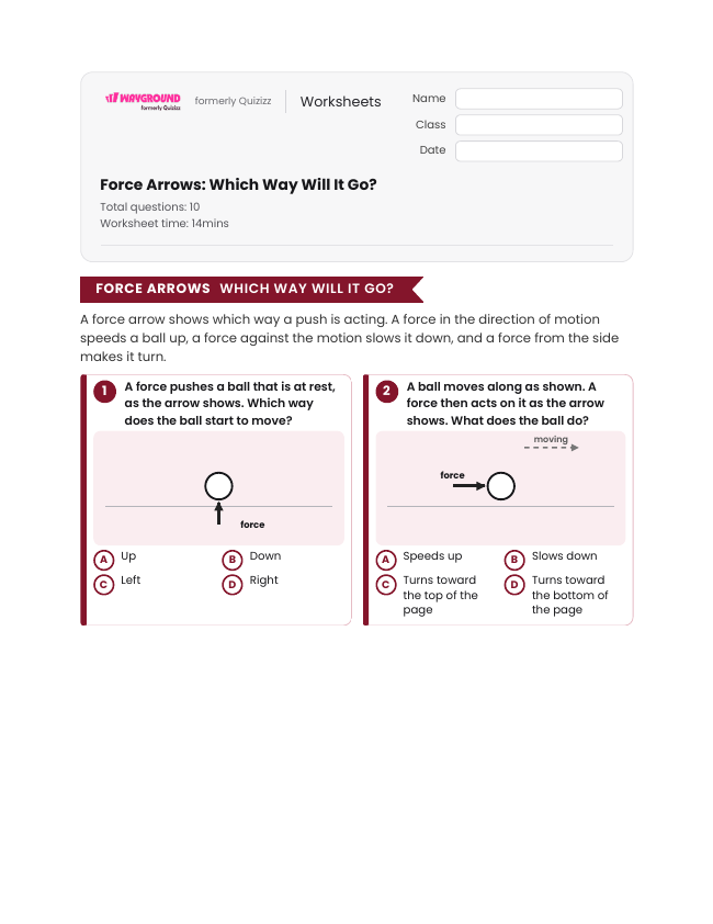 Force Arrows: Which Way Will It Go? - Printable Motion-and-energy Worksheets Grade 4 - Wayground