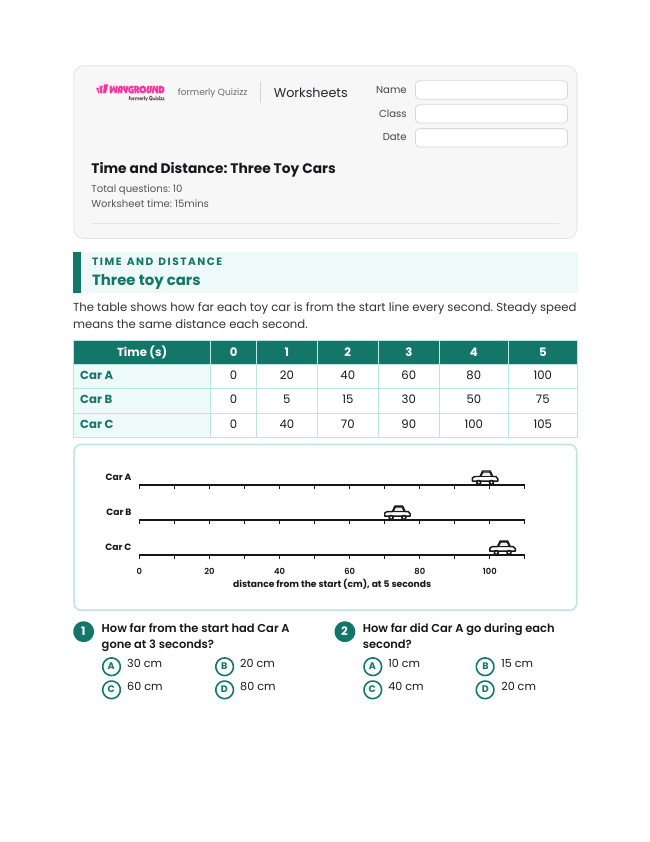 Time and Distance: Three Toy Cars - Printable Motion-and-energy Worksheets Grade 4 - Wayground
