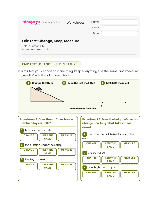 Fair Test: Change, Keep, Measure - Imprimible Movimiento-y-energía Hojas-de-trabajo Grado 4 - Wayground