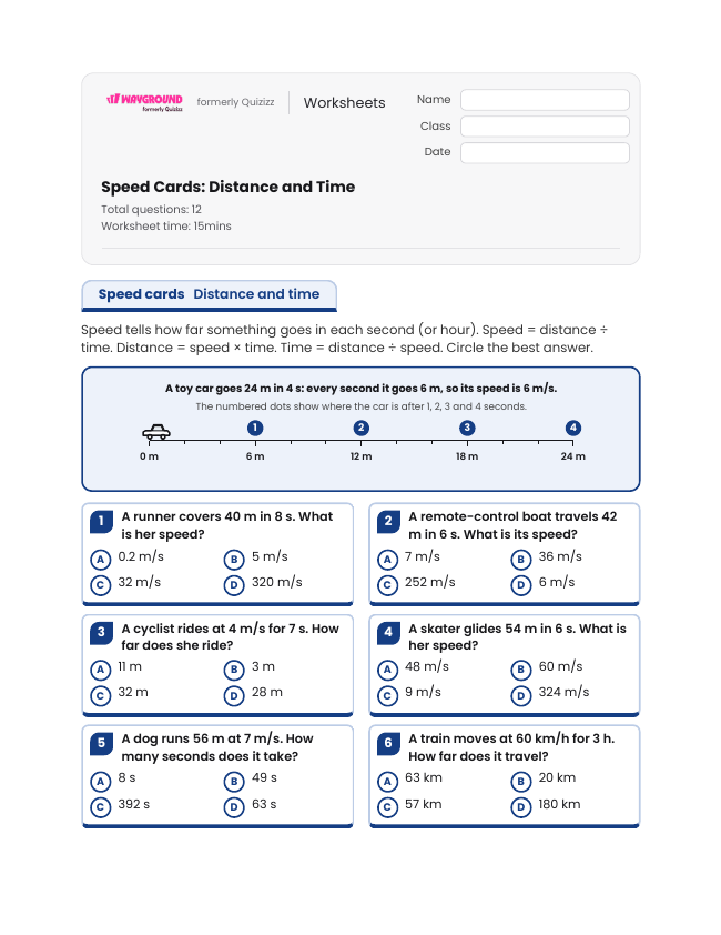 Speed Cards: Distance and Time - Imprimible Movimiento-y-energía Hojas-de-trabajo Grado 5 - Wayground