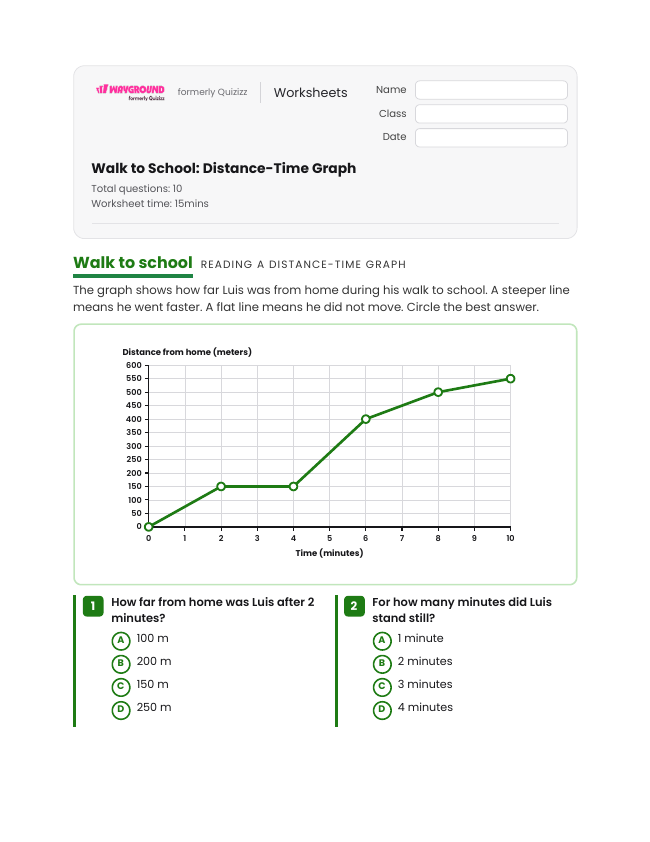 Walk to School: Distance-Time Graph - Imprimible Movimiento-y-energía Hojas-de-trabajo Grado 5 - Wayground