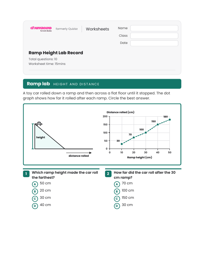 Ramp Height Lab Record - Imprimible Movimiento-y-energía Hojas-de-trabajo Grado 5 - Wayground