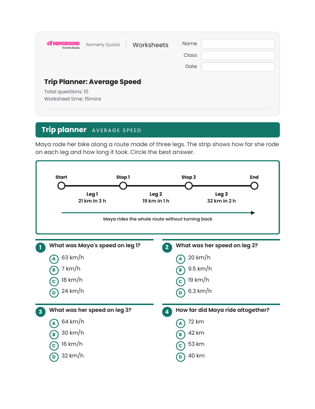 Trip Planner: Average Speed - Printable Motion-and-energy Worksheets Class 6 - Wayground