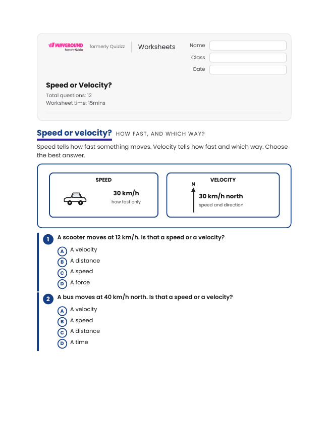 Speed or Velocity? - Printable Motion-and-energy Worksheets Class 6 - Wayground