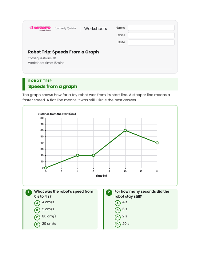 Robot Trip: Speeds From a Graph - Printable Motion-and-energy Worksheets Class 6 - Wayground