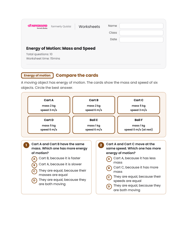 Energy of Motion: Mass and Speed - Printable Motion-and-energy Worksheets Class 6 - Wayground