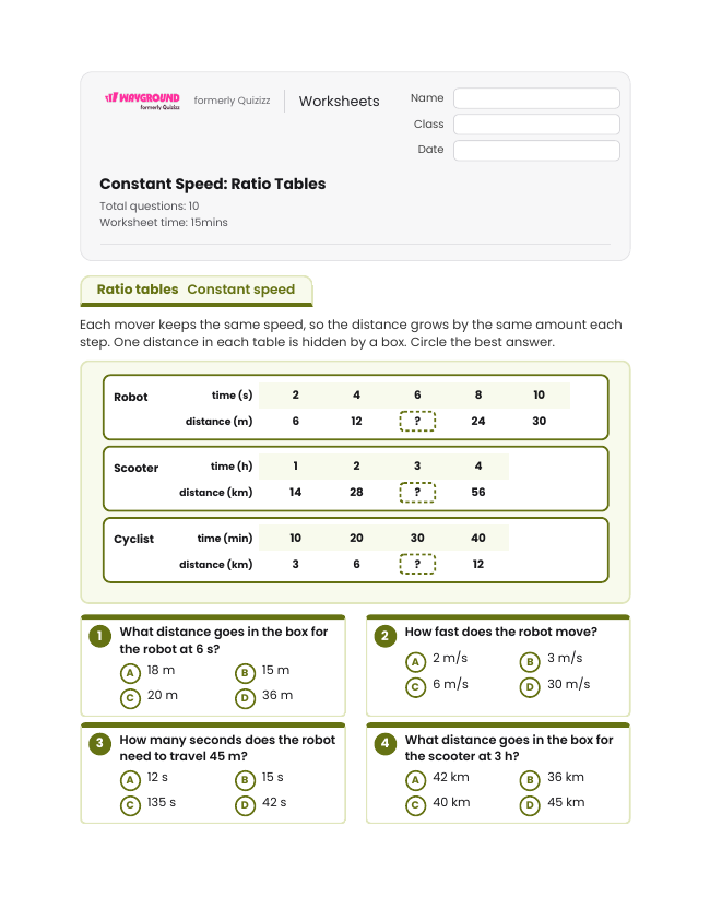 Constant Speed: Ratio Tables - Printable Motion-and-energy Worksheets Class 6 - Wayground
