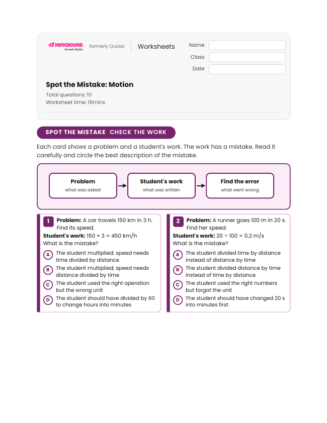 Spot the Mistake: Motion - Printable Motion-and-energy Worksheets Class 6 - Wayground