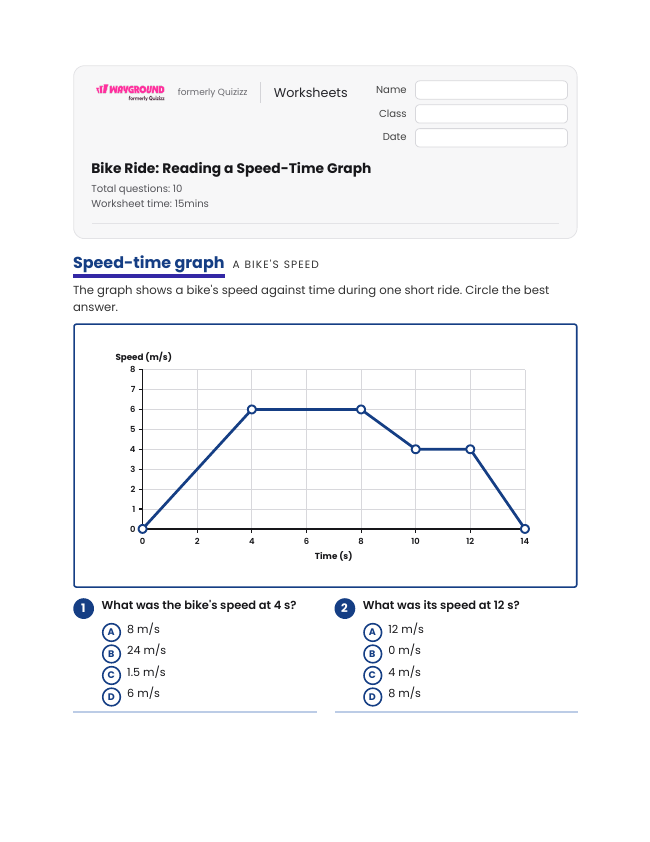 Bike Ride: Reading a Speed-Time Graph - Imprimible Movimiento-y-energía Hojas-de-trabajo Grado 7 - Wayground