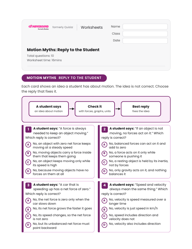 Motion Myths: Reply to the Student - Imprimible Movimiento-y-energía Hojas-de-trabajo Grado 7 - Wayground