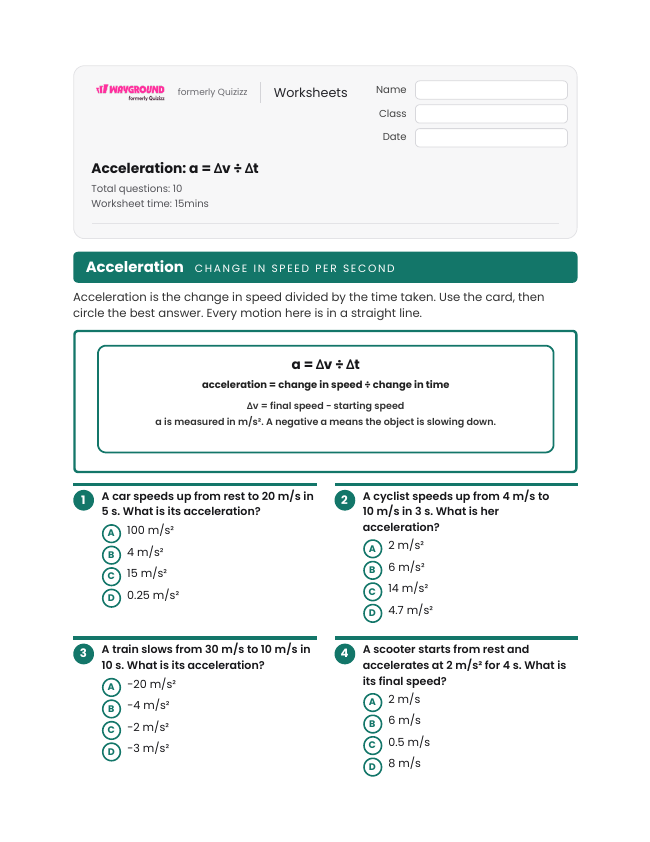 Acceleration: a = Δv ÷ Δt - Printable Motion-and-energy Worksheets Grade 8 - Wayground