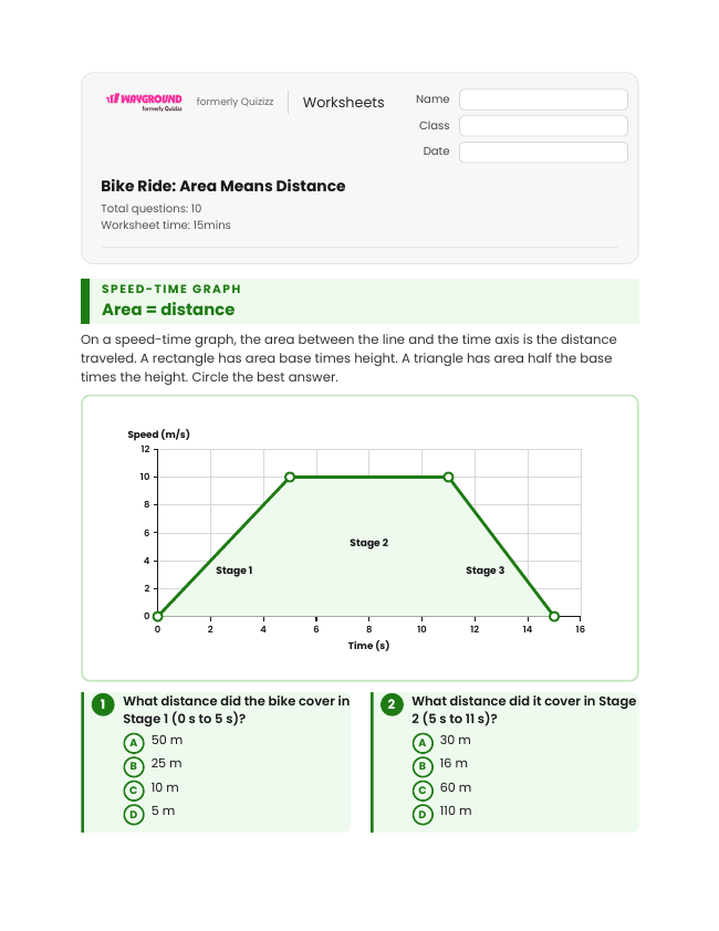Bike Ride: Area Means Distance - Printable Motion-and-energy Worksheets Grade 8 - Wayground