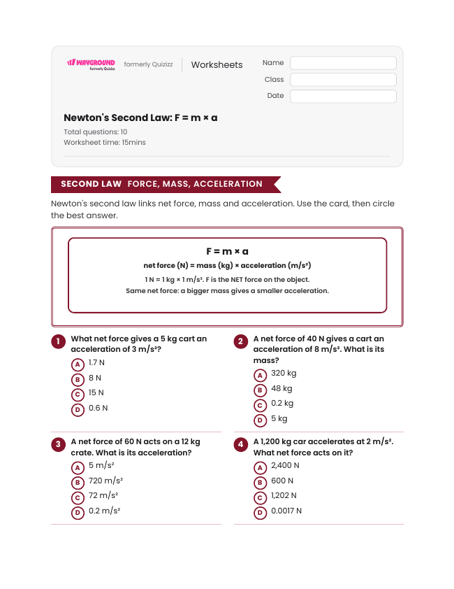 Newton's Second Law: F = m × a - Printable Motion-and-energy Worksheets Grade 8 - Wayground