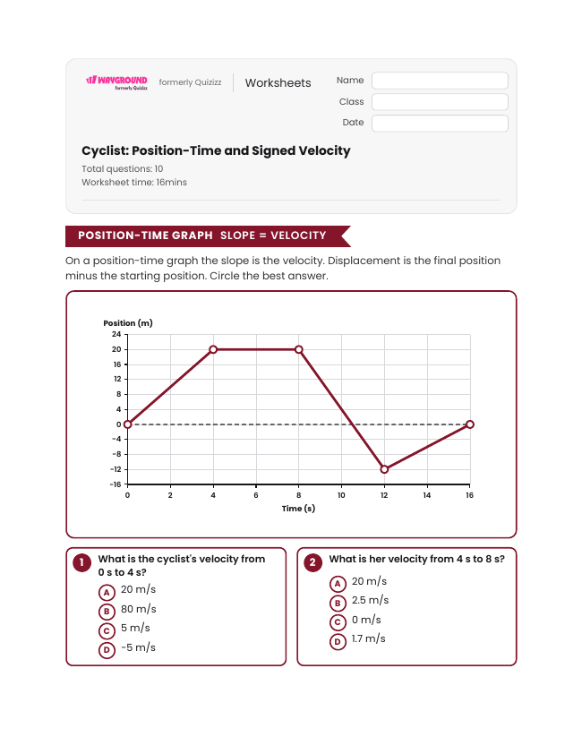 Cyclist: Position-Time and Signed Velocity - Imprimible Movimiento-y-energía Hojas-de-trabajo Grado 9 - Wayground