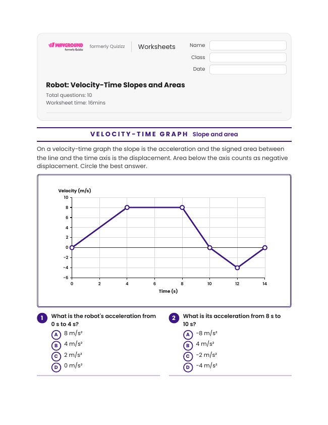 Robot: Velocity-Time Slopes and Areas - Imprimible Movimiento-y-energía Hojas-de-trabajo Grado 9 - Wayground