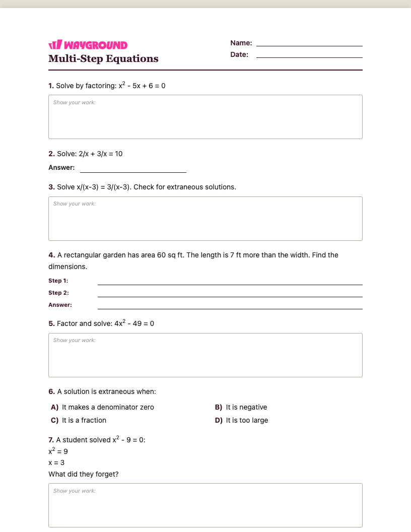 Multi-Step Equations Worksheet - Nadający się do druku Równania-wieloetapowe Karty-pracy Klasa 10 - Quizizz