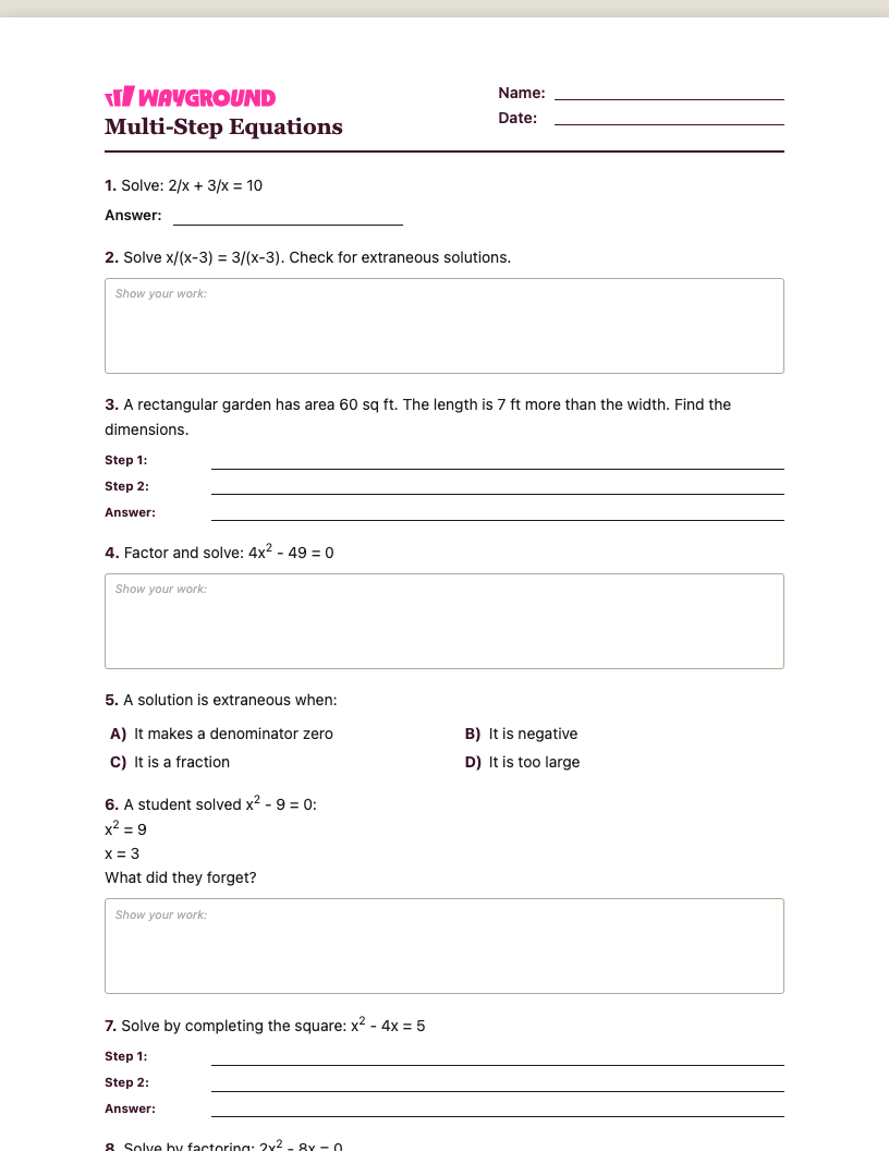 Multi-Step Equations Worksheet - Nadający się do druku Równania-wieloetapowe Karty-pracy Klasa 10 - Quizizz