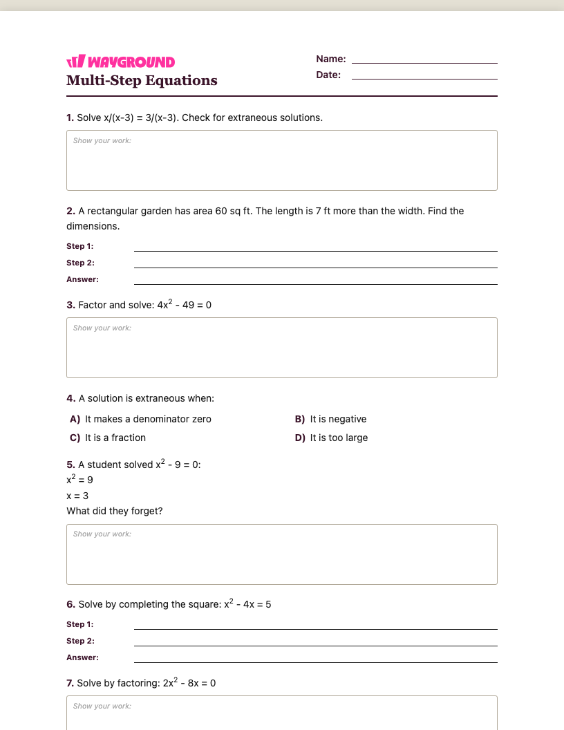 Multi-Step Equations Worksheet - Nadający się do druku Równania-wieloetapowe Karty-pracy Klasa 10 - Quizizz