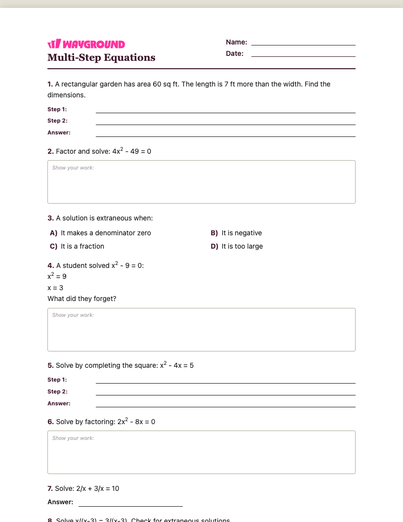 Multi-Step Equations Worksheet - Nadający się do druku Równania-wieloetapowe Karty-pracy Klasa 10 - Quizizz
