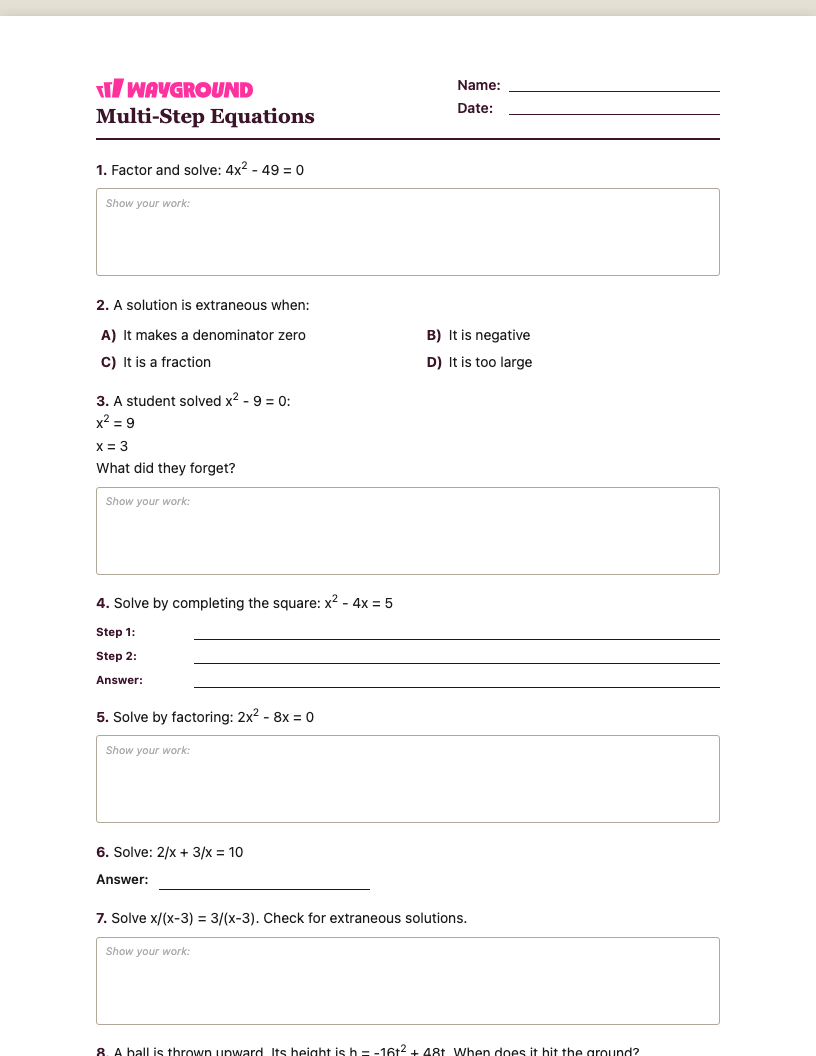 Multi-Step Equations Worksheet - Nadający się do druku Równania-wieloetapowe Karty-pracy Klasa 10 - Quizizz