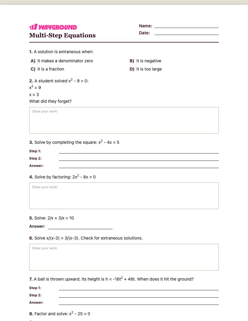 Multi-Step Equations Worksheet - Nadający się do druku Równania-wieloetapowe Karty-pracy Klasa 10 - Quizizz