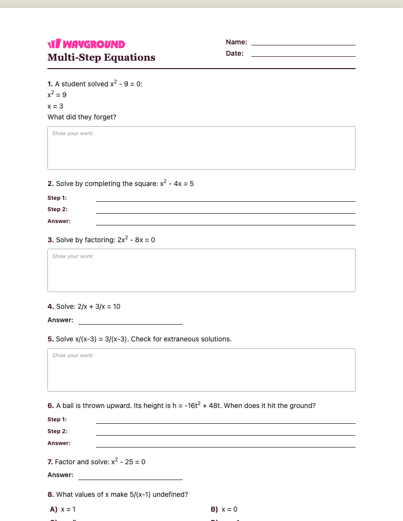 Multi-Step Equations Worksheet - Nadający się do druku Równania-wieloetapowe Karty-pracy Klasa 10 - Quizizz
